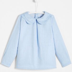 Jacadi Paris Blouse Double Collar Top Button Back Shirt Cotton Blue Girls 12 NWT